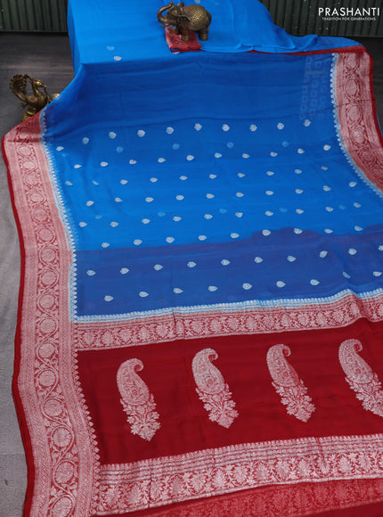 Banarasi chiffon saree cs blue and maroon with silver zari woven buttas and floral silver zari woven border
