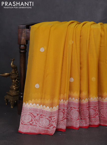 Banarasi chiffon saree mustard yellow and maroon with silver zari woven buttas and floral silver zari woven border