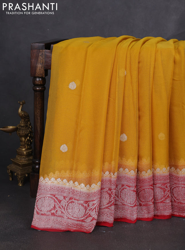 Banarasi chiffon saree mustard yellow and maroon with silver zari woven buttas and floral silver zari woven border