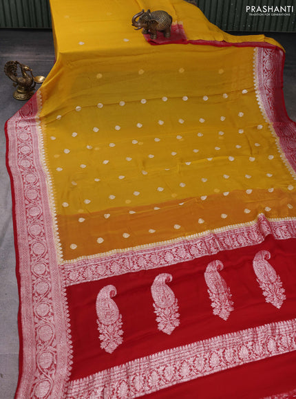 Banarasi chiffon saree mustard yellow and maroon with silver zari woven buttas and floral silver zari woven border