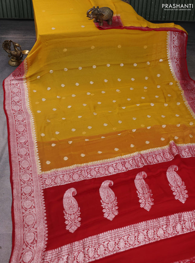 Banarasi chiffon saree mustard yellow and maroon with silver zari woven buttas and floral silver zari woven border