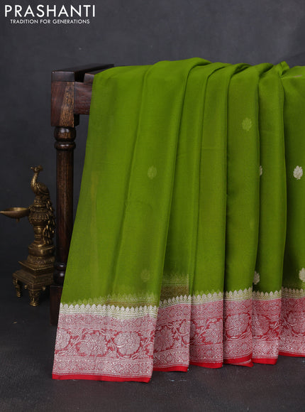 Banarasi chiffon saree mehendi green and red with silver zari woven buttas and floral silver zari woven border