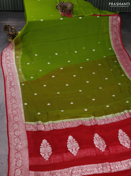 Banarasi chiffon saree mehendi green and red with silver zari woven buttas and floral silver zari woven border