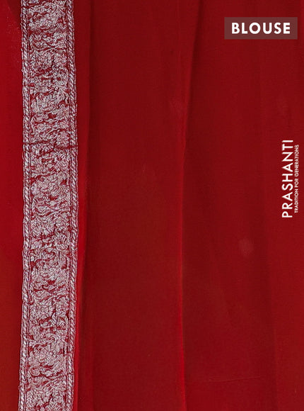 Banarasi chiffon saree mehendi green and red with silver zari woven buttas and floral silver zari woven border
