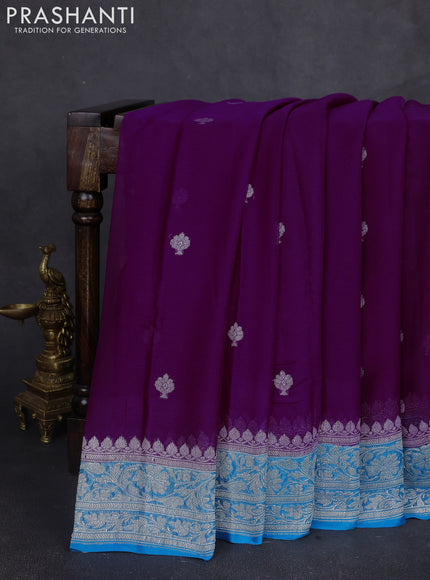 Banarasi chiffon saree purple and cs blue with silver zari woven buttas and floral silver zari woven border