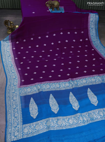 Banarasi chiffon saree purple and cs blue with silver zari woven buttas and floral silver zari woven border
