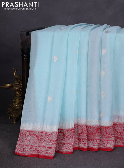 Banarasi chiffon saree light blue and kumkum red with silver zari woven buttas and floral silver zari woven border