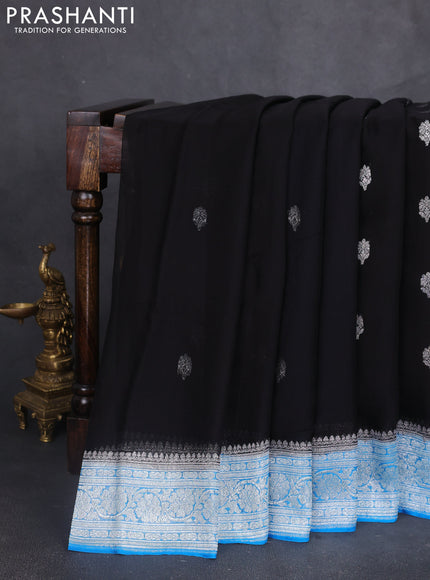 Banarasi chiffon saree black and cs blue with silver zari woven buttas and floral silver zari woven border