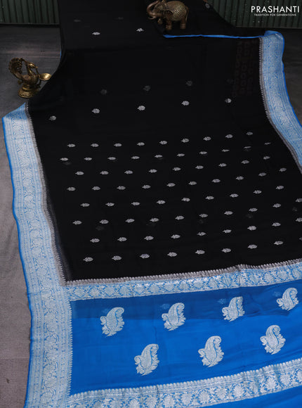 Banarasi chiffon saree black and cs blue with silver zari woven buttas and floral silver zari woven border
