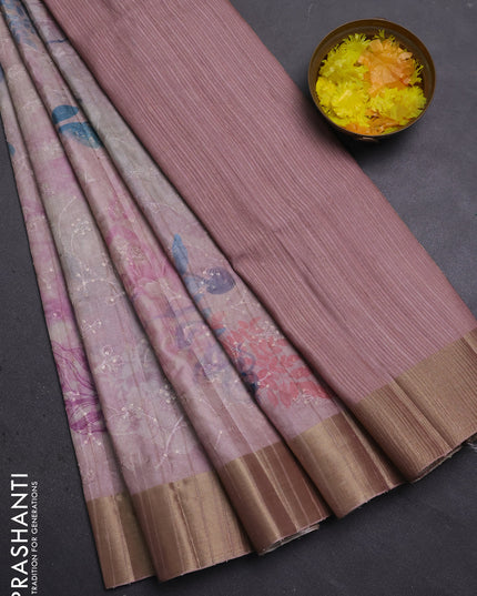 Semi matka saree pastel pink with allover floral prints & sequence work and zari woven border