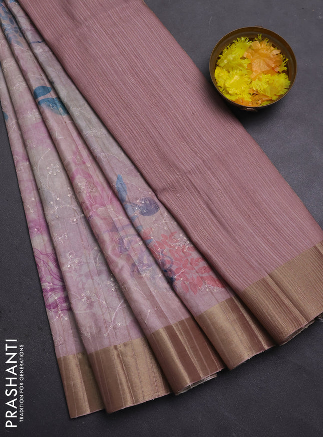 Semi matka saree pastel pink with allover floral prints & sequence work and zari woven border