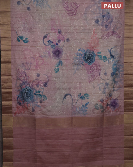 Semi matka saree pastel pink with allover floral prints & sequence work and zari woven border