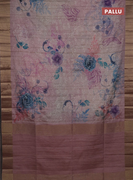 Semi matka saree pastel pink with allover floral prints & sequence work and zari woven border