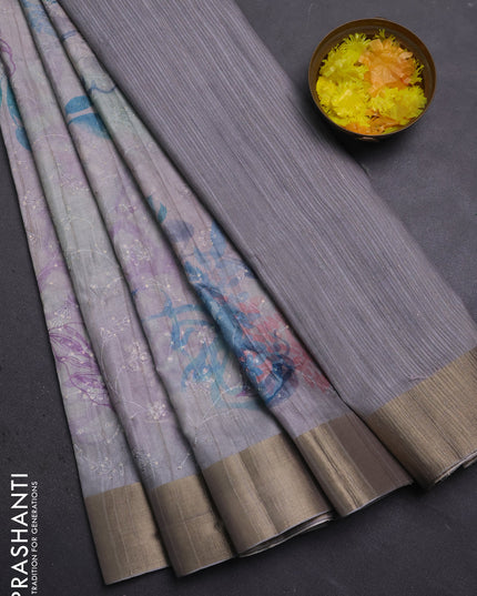 Semi matka saree grey with allover floral prints & sequence work and zari woven border