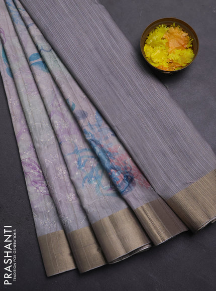 Semi matka saree grey with allover floral prints & sequence work and zari woven border