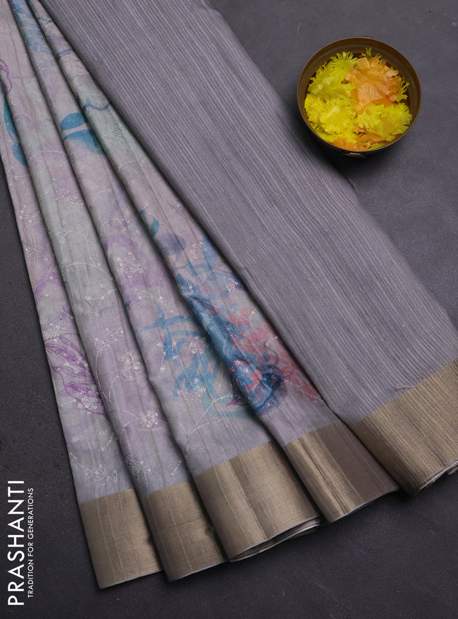 Semi matka saree grey with allover floral prints & sequence work and zari woven border