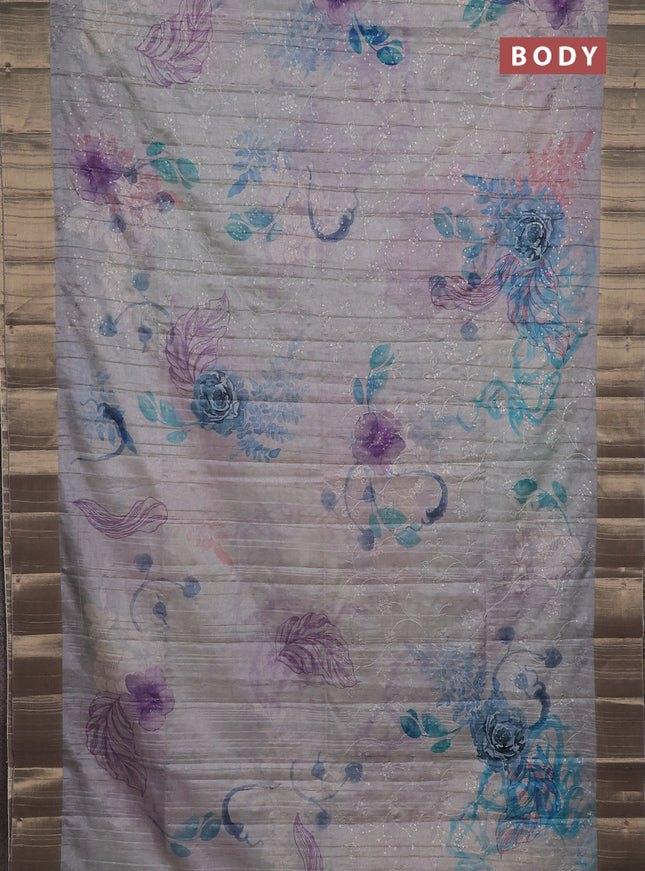 Semi matka saree grey with allover floral prints & sequence work and zari woven border