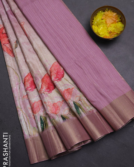 Semi matka saree pastel pink with allover floral prints & sequence work and zari woven border