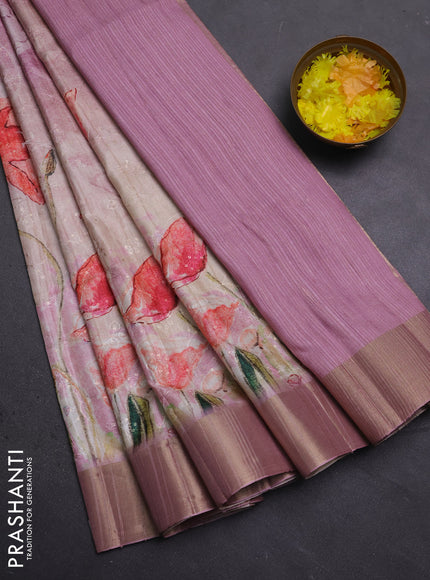 Semi matka saree pastel pink with allover floral prints & sequence work and zari woven border
