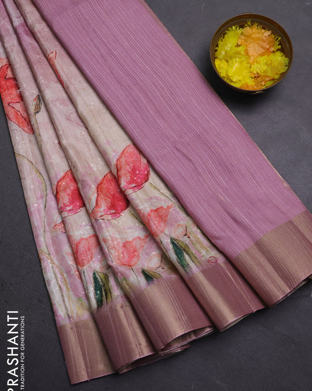 Semi matka saree pastel pink with allover floral prints & sequence work and zari woven border