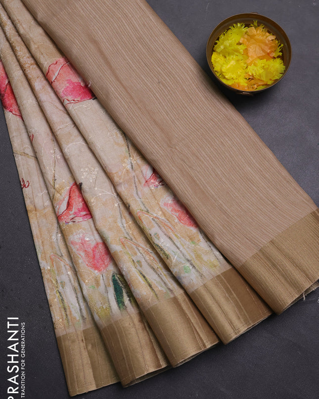 Semi matka saree sandal with allover floral prints & sequence work and zari woven border