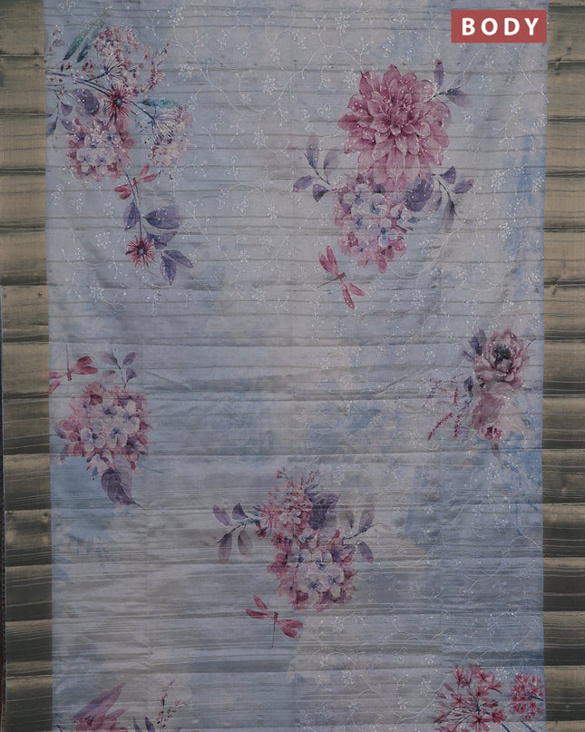 Semi matka saree pastel blue with allover floral prints & sequence work and zari woven border