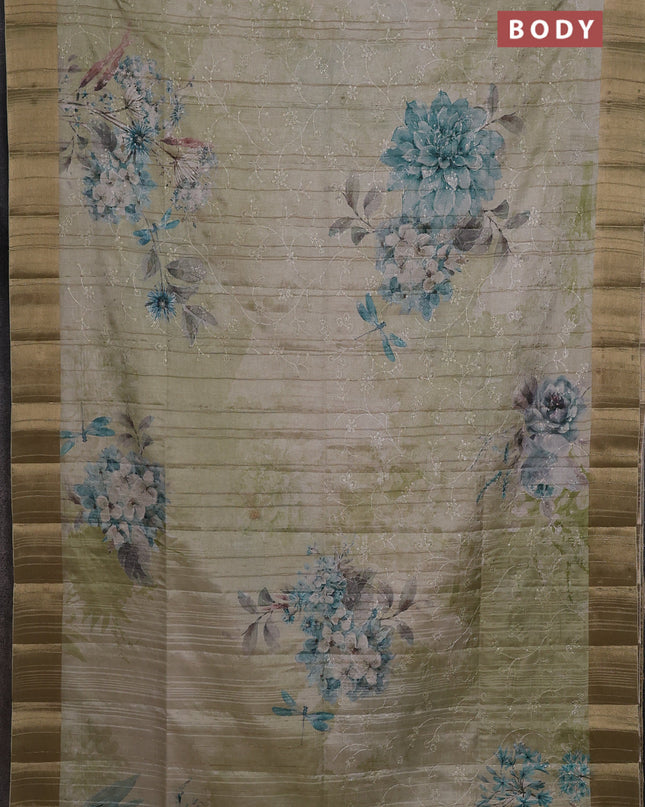 Semi matka saree pista green with allover floral prints & sequence work and zari woven border