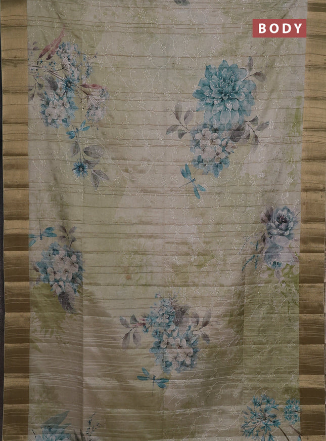 Semi matka saree pista green with allover floral prints & sequence work and zari woven border
