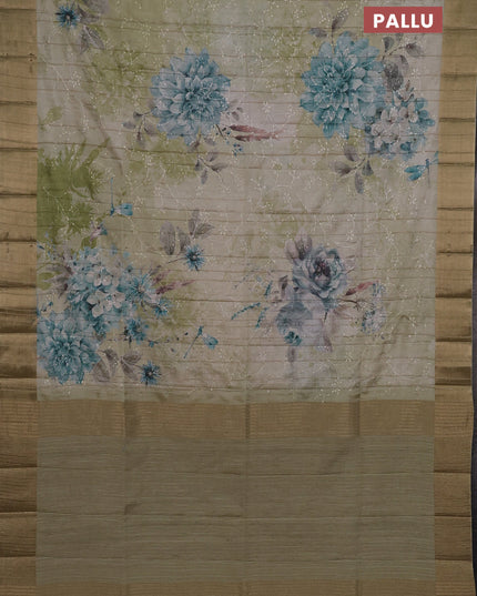 Semi matka saree pista green with allover floral prints & sequence work and zari woven border
