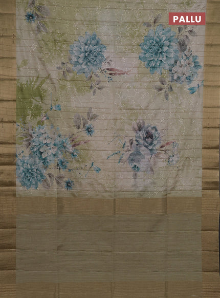 Semi matka saree pista green with allover floral prints & sequence work and zari woven border
