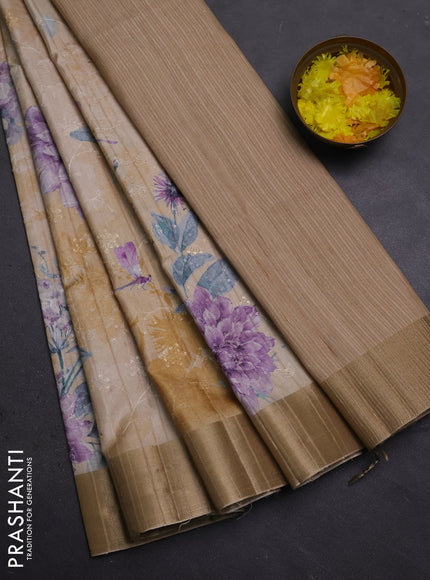 Semi matka saree pastel purple and sandal with allover floral prints & sequence work and zari woven border