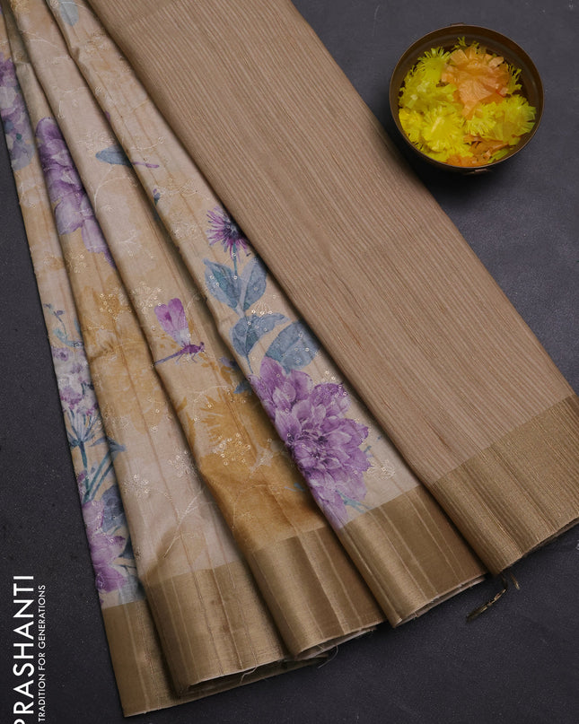 Semi matka saree pastel purple and sandal with allover floral prints & sequence work and zari woven border
