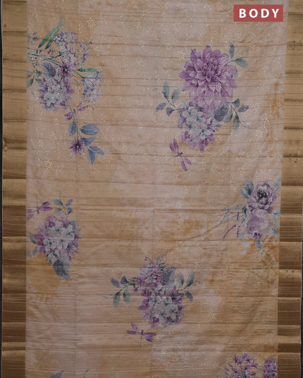 Semi matka saree pastel purple and sandal with allover floral prints & sequence work and zari woven border