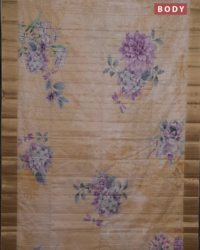 Semi matka saree pastel purple and sandal with allover floral prints & sequence work and zari woven border