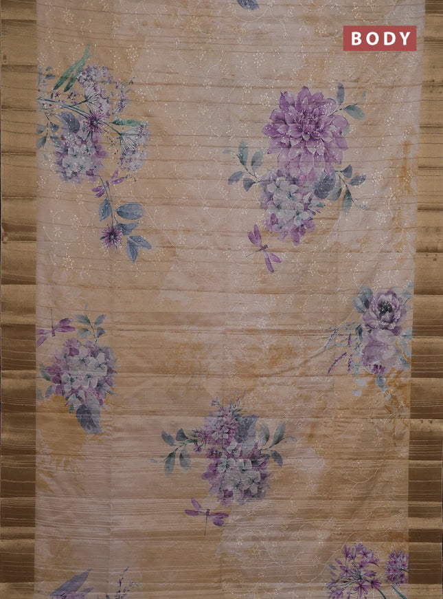Semi matka saree pastel purple and sandal with allover floral prints & sequence work and zari woven border
