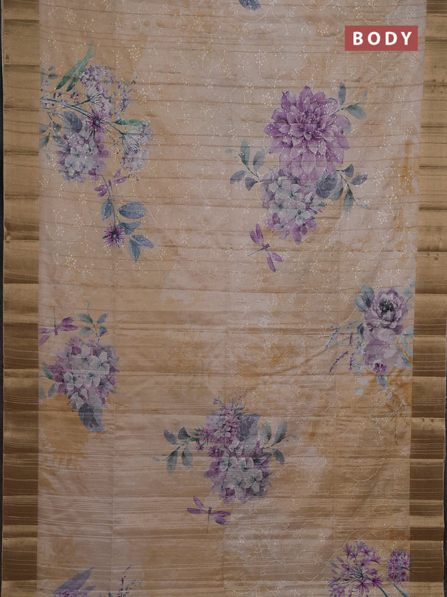 Semi matka saree pastel purple and sandal with allover floral prints & sequence work and zari woven border