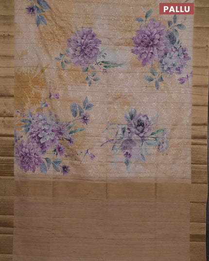 Semi matka saree pastel purple and sandal with allover floral prints & sequence work and zari woven border