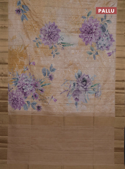 Semi matka saree pastel purple and sandal with allover floral prints & sequence work and zari woven border
