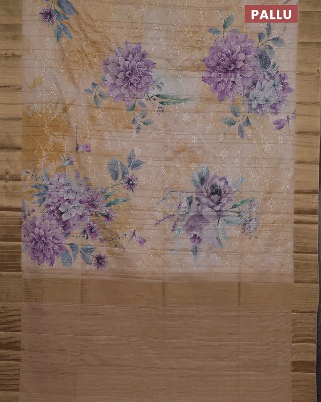 Semi matka saree pastel purple and sandal with allover floral prints & sequence work and zari woven border