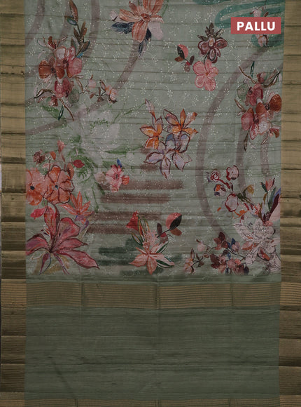 Semi matka saree pastel green with allover floral prints & sequence work and zari woven border