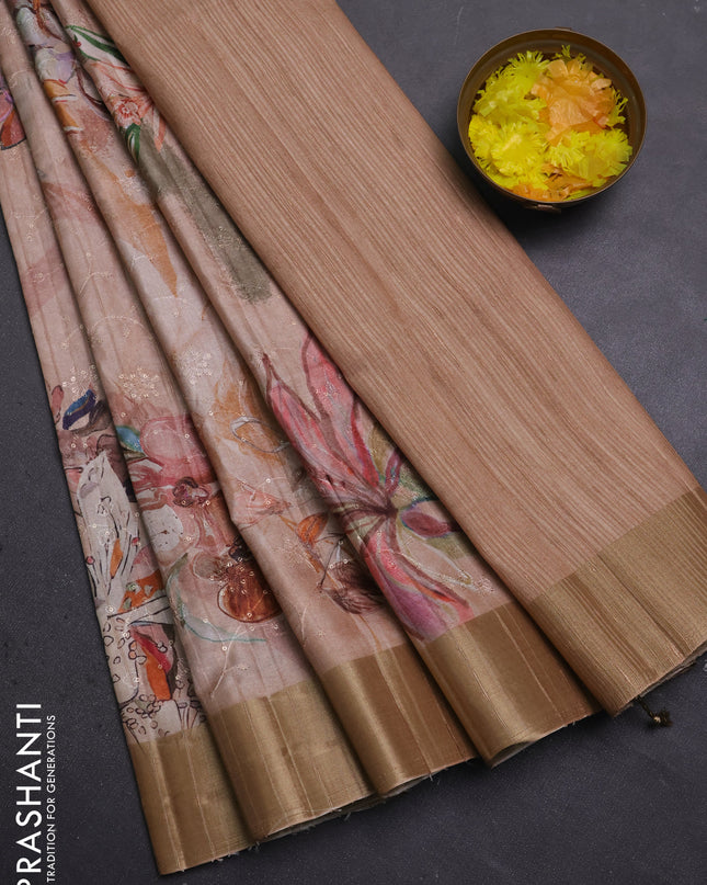 Semi matka saree sandal with allover floral prints & sequence work and zari woven border