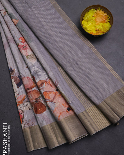Semi matka saree grey with allover floral prints & sequence work and zari woven border