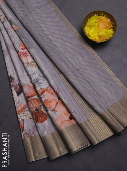 Semi matka saree grey with allover floral prints & sequence work and zari woven border