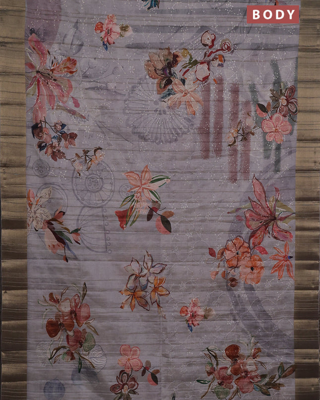 Semi matka saree grey with allover floral prints & sequence work and zari woven border