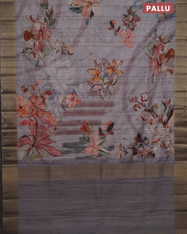 Semi matka saree grey with allover floral prints & sequence work and zari woven border