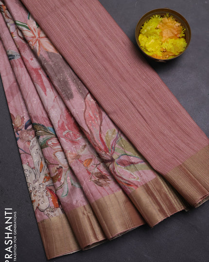 Semi matka saree pastel pink with allover floral prints & sequence work and zari woven border