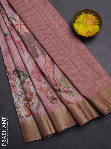 Semi matka saree pastel pink with allover floral prints & sequence work and zari woven border