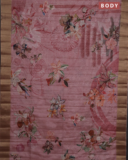 Semi matka saree pastel pink with allover floral prints & sequence work and zari woven border