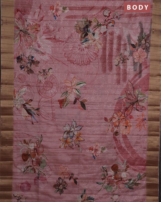 Semi matka saree pastel pink with allover floral prints & sequence work and zari woven border