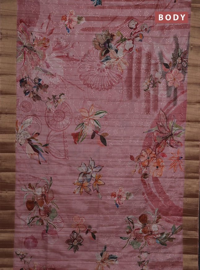 Semi matka saree pastel pink with allover floral prints & sequence work and zari woven border